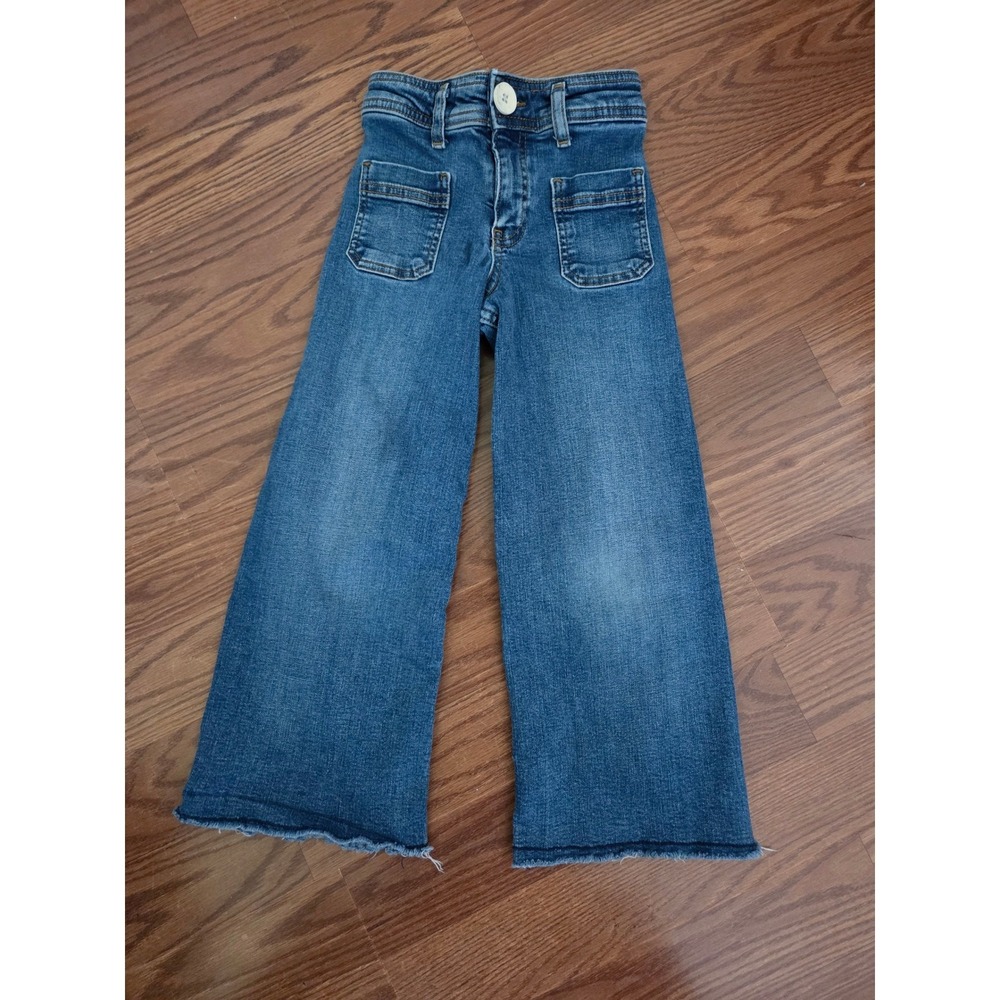Zara Kids Girls Blue Wide Leg Jeans Raw Hem Patch Pockets Size 6 Medium Wash